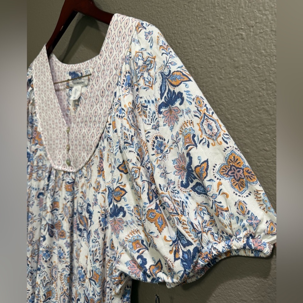 Lucky Brand Puff Dolman Sleeve Boho Floral Midi Dress Ruffle Hem Sz L NWT - Picture 4 of 9